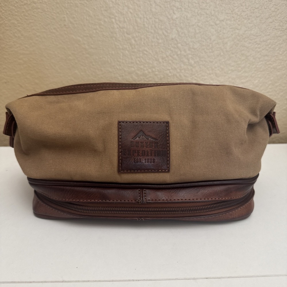 Buxton Brown Expedition Leather Toiletry Shave Bag Zippered 2 Compartment